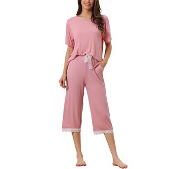 Women's Modal Loose Summer Pajama Set Lace Trim Short Sleeve Carpri Sleepwear