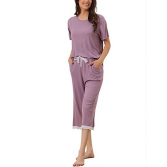 Womens Modal Loose Summer Pajama Set Lace Trim Short Sleeve Carpri Sleepwear