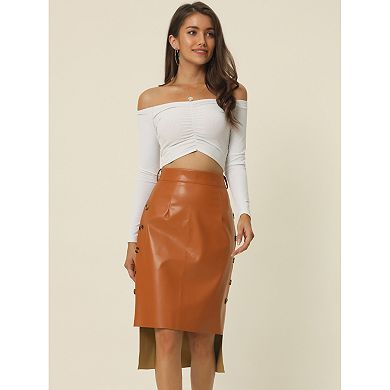 Womens' High Waist High Low Hem Belted Knot Button Decor Side Leather Skirt