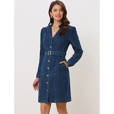 Women's Denim Shirt Dress Button Down Lapel Collared Jean Dresses With Belt Pockets