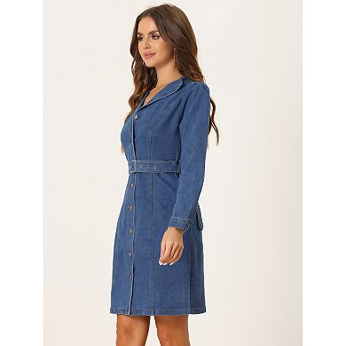 Women's Denim Shirt Dress Button Down Lapel Collared Jean Dresses With Belt Pockets