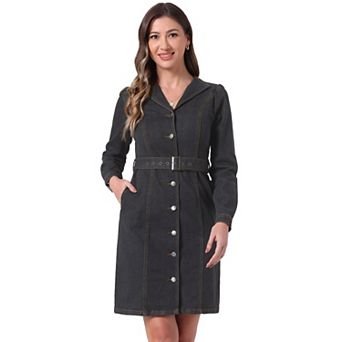 Women's Denim Shirt Dress Button Down Lapel Collared Jean Dresses with Belt Pockets