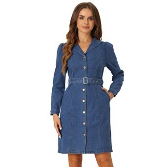 Women's Denim Shirt Dress Button Down Lapel Collared Jean Dresses with Belt Pockets