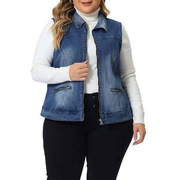 Plus Size Vest for Women Causal Vest Sleeveless Zip Washed Denim