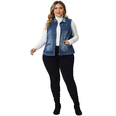 Plus Size Vest for Women Causal Vest Sleeveless Zip Washed Denim Jacket