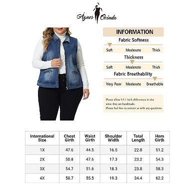 Plus Size Vest for Women Causal Vest Sleeveless Zip Washed Denim Jacket