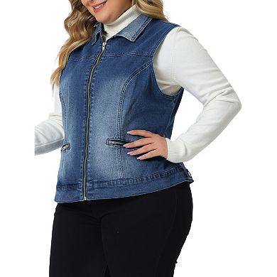 Plus Size Vest for Women Causal Vest Sleeveless Zip Washed Denim Jacket