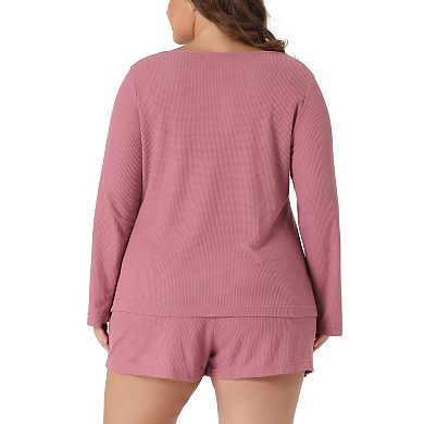 Plus Size Loungewear For Women Waffle 2 Piece Long Sleeved Tops And Shorts Pajama Sweatsuits Sets