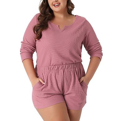Plus Size Loungewear For Women Waffle 2 Piece Long Sleeved Tops And Shorts Pajama Sweatsuits Sets