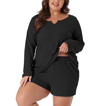 Plus Size Loungewear For Women Waffle 2 pc Long Sleeved Tops And Shorts Pajama Sweatsuits Sets