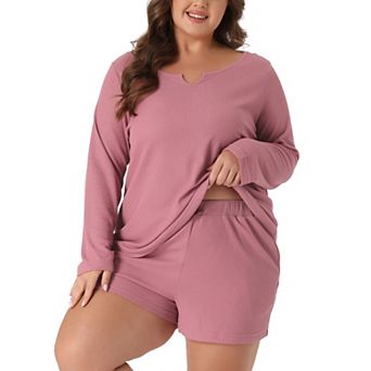 Plus Size Loungewear For Women Waffle 2 pc Long Sleeved Tops And Shorts Pajama Sweatsuits Sets
