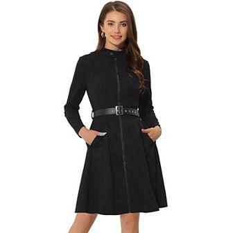 Women's Faux Suede Dress Stand Collar Zip Up Belted Vintage Dresses