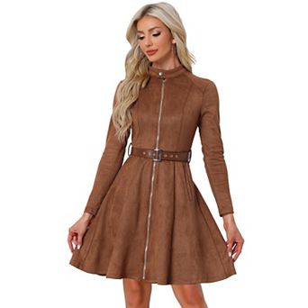 Women's Faux Suede Dress Stand Collar Zip Up Belted Vintage Dresses