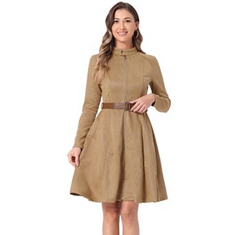 Women's Faux Suede Dress Stand Collar Zip Up Belted Vintage Dresses
