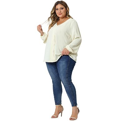 Plus Size Blouses For Women Long Sleeve V Neck Casual Chiffon Pleated Front Tops Shirts