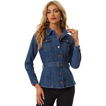 Denim Belted Jacket for Women's Lapel Collar Single Breasted Jean Jackets