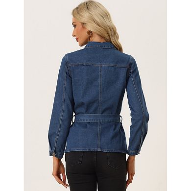 Denim Belted Jacket for Women's Lapel Collar Single Breasted Jean Jackets