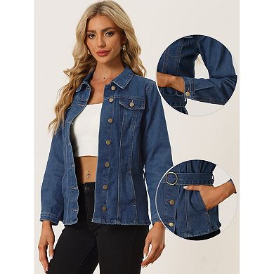 Denim Belted Jacket for Women's Lapel Collar Single Breasted Jean Jackets