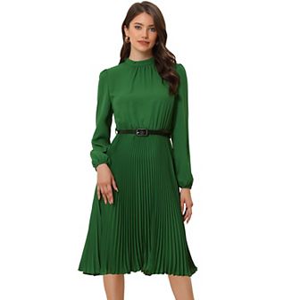Women's Work Shirt Dress Long Sleeve Pleated Midi Dresses