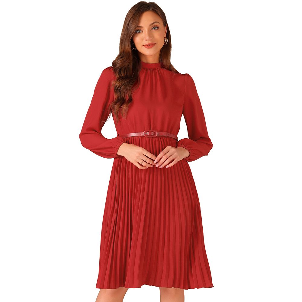 Stand Collar Long Sleeve Belted Pleated Midi Dress, Red / XL