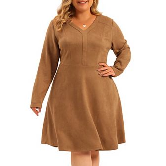 Plus Size for Women Dress Faux Suede V Neck Long Sleeve A-Line Dress