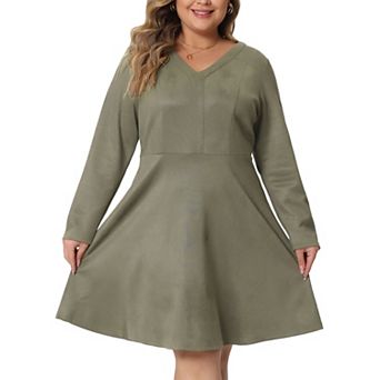 Plus Size for Women Dress Faux Suede V Neck Long Sleeve A-Line Dress