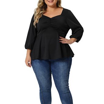 Plus Size Blouse For Women Sweetheart V Neck Elbow Sleeve Front Ruched Peplum Tops Shirt