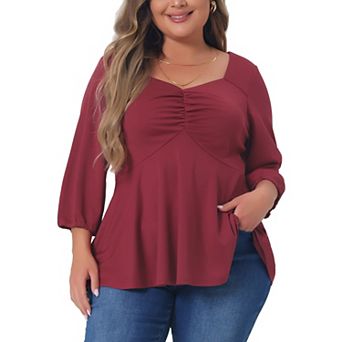 Plus Size Blouse For Women Sweetheart V Neck Elbow Sleeve Front Ruched Peplum Tops Shirt