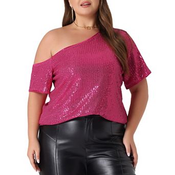 Plus Size Sequin Tops For Women Sparkly One Shoulder Short Sleeve Party Tops