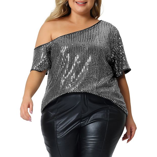 Plus Size Sequin Tops For Women Sparkly One Shoulder Short Sleeve Party Tops