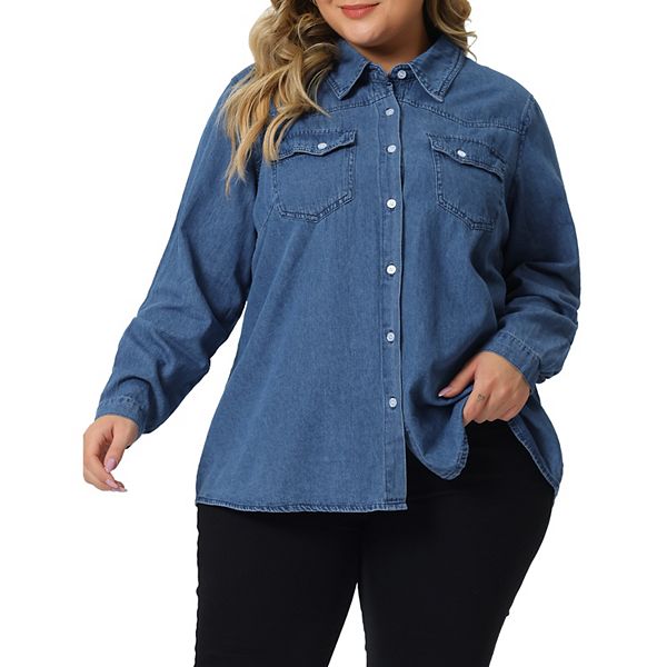 Women Plus Size Denim Shirt Jean Western Shirts Short Sleeve Button Down Top