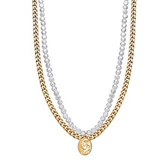 Men's LYNX Stainless Steel & Freshwater Cultured Pearl Layered Multi-Strand Coin Pendant Necklace