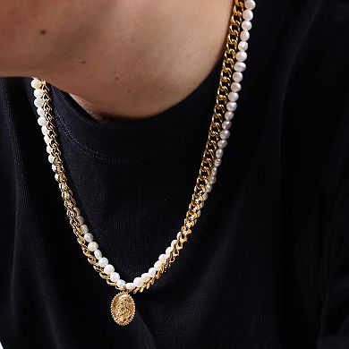 Men's LYNX Stainless Steel & Freshwater Cultured Pearl Layered Multi-Strand Coin Pendant Necklace
