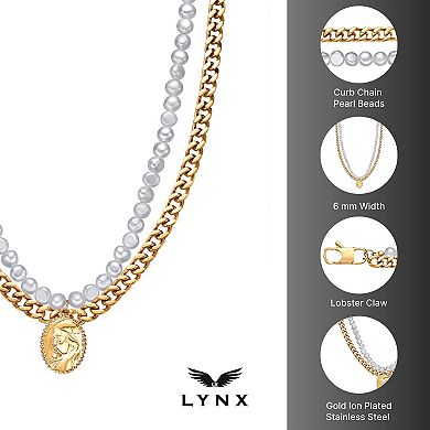 Men's LYNX Stainless Steel & Freshwater Cultured Pearl Layered Multi-Strand Coin Pendant Necklace
