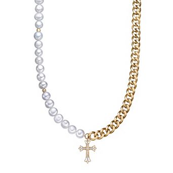 Men's LYNX Stainless Steel & Freshwater Cultured Pearl & Cubic Zirconia Cross Pendant Necklace
