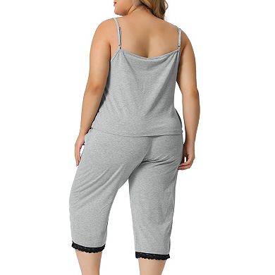 Women Plus Size Lace Trim V-neck Cami Top Capris Pants Elastic Soft Nightwear Sleepwear Pajamas Sets