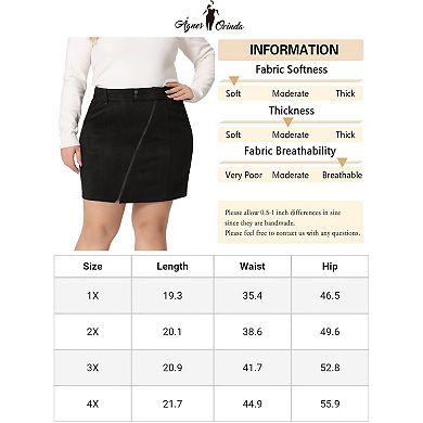 Plus Size Skirt for Women Faux Suede Zipper Front Pockets Elastic Waist Mini Skirts