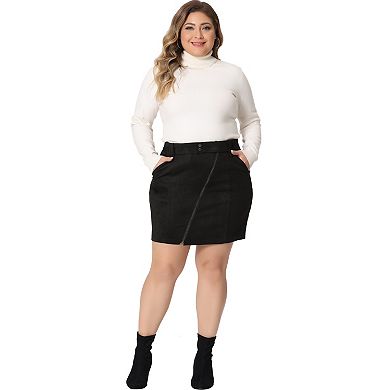 Plus Size Skirt for Women Faux Suede Zipper Front Pockets Elastic Waist Mini Skirts