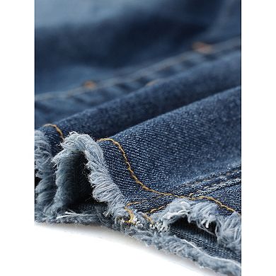 Plus Size Denim Jacket For Women Frayed Hem Long Sleeve Pockets Button Up Denim Jackets