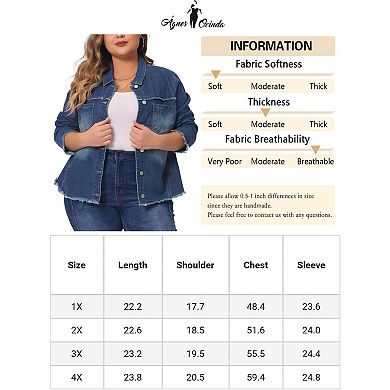 Plus Size Denim Jacket For Women Frayed Hem Long Sleeve Pockets Button Up Denim Jackets
