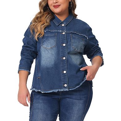 Plus Size Denim Jacket For Women Frayed Hem Long Sleeve Pockets Button Up Denim Jackets