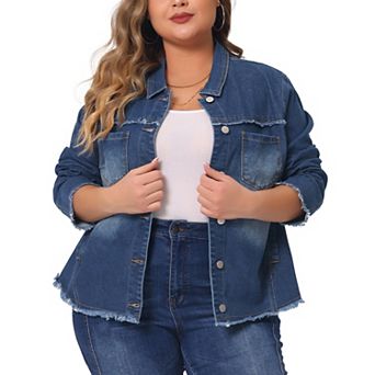 Plus Size Denim Jacket for Women Frayed Hem Long Sleeve Pockets Button Up Denim Jackets