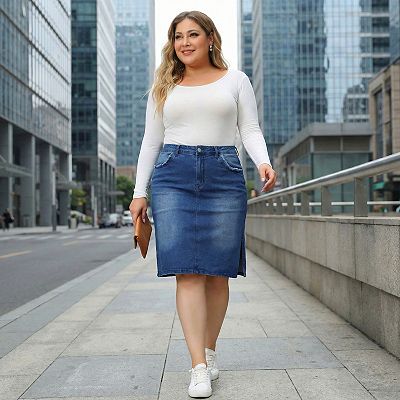 Plus Size Pencil Skirt for Women Casual Slim Side Slit Jean Denim