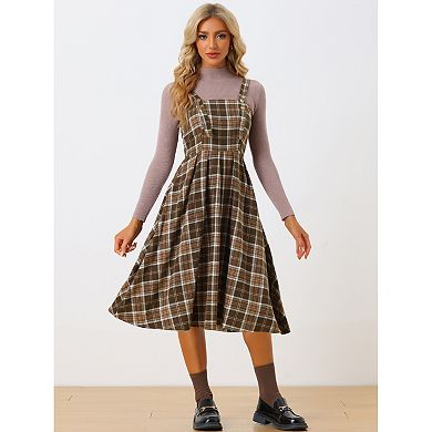 Women's Plaid Vintage Sleeveless A-line Overall Pinafore Dress Suspender Skirt