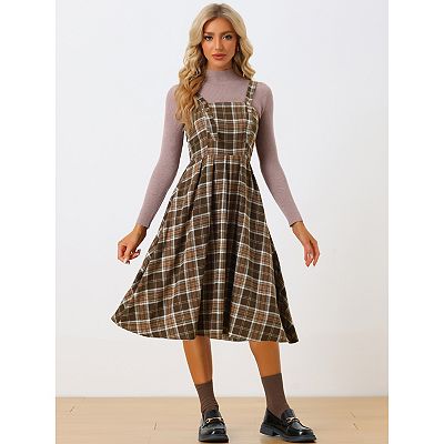 Plaid Overalls Sleeveless Suspender A-Line Pinafore Dress, Black / S