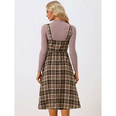 Women's Plaid Vintage Sleeveless A-line Overall Pinafore Dress Suspender Skirt