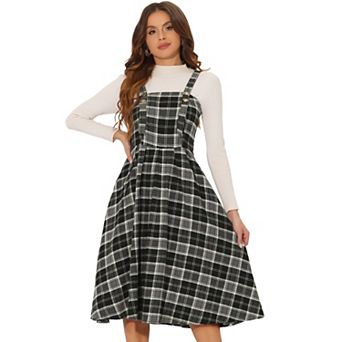 Women's Plaid Vintage Sleeveless A-line Overall Pinafore Dress Suspender Skirt