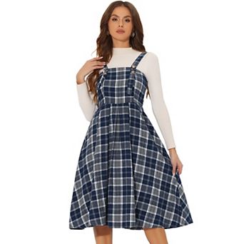 Women's Plaid Vintage Sleeveless A-line Overall Pinafore Dress Suspender Skirt