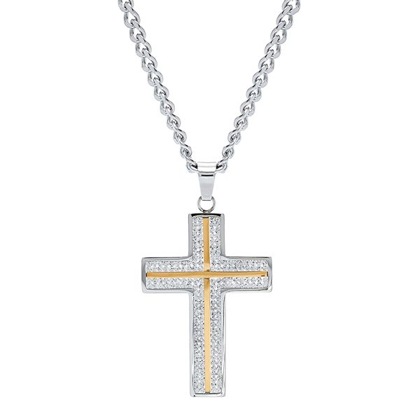 Two-Tone Sterling Silver & Stainless Steel Crystal Cross Pendant Necklace