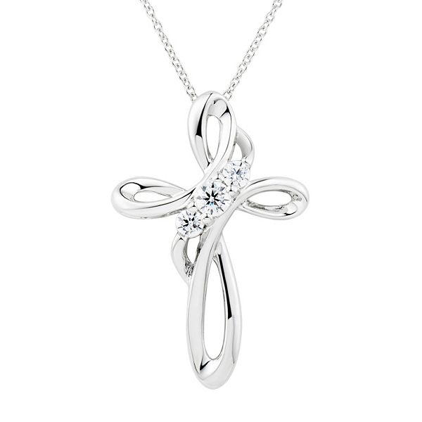 Sterling Silver Cubic Zirconia Looped Cross Pendant Necklace - Sterling